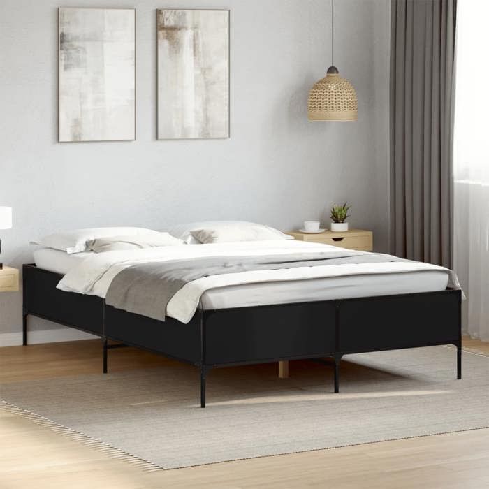 VidaXL Cadre de Lit, Lit Double avec Sommier à Lattes, Lit Adulte avec Pied Chambre, Moderne, Noir 140x200 cm Bois 3279797