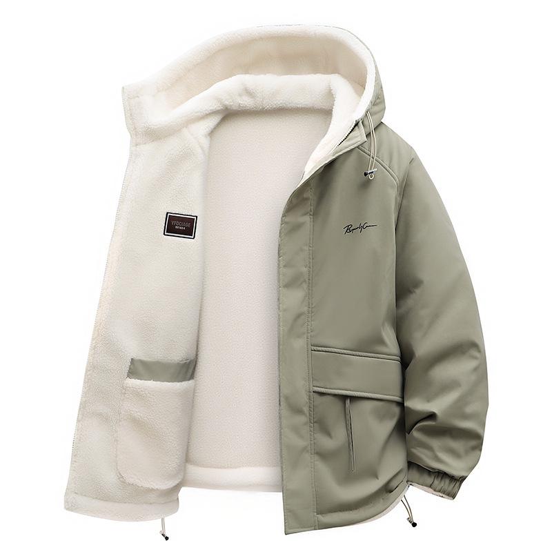 Men's Green Lambswool Hooded Jacket: Double-Sided, Casual, Velvet-Lined, Autumn/Winter Coat.