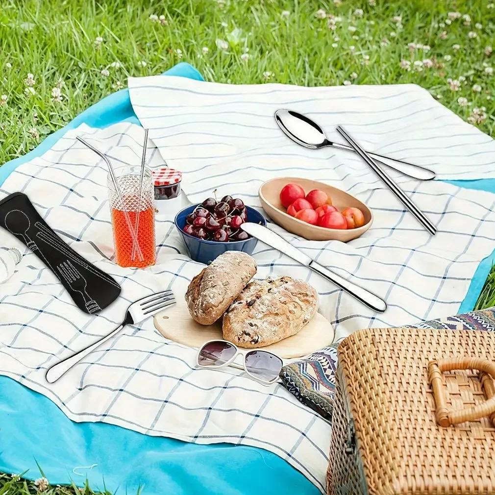 7pcs/ Set Stainless Steel Tableware Set Outdoor Portable Cloth Bag Knife Fork Spoon Chopsticks Straw Rich Flowers Seven Sets