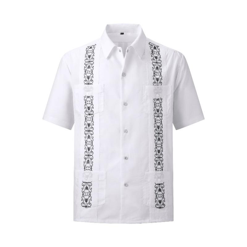 Camicia da uomo a maniche corte con bottoni, a righe Guayabella ricamate, quattro tasche, Dachen