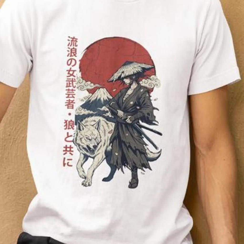 Samurai Wolf T Shirt Ukiyo E Japanese Streetwear Gamer Vintage Slightly Comfortable Unisex Streetwear Stylish Homme