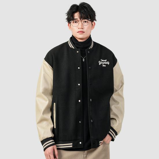 Men's Retro Patchwork PU Leather Baseball Jacket - Embroidered Casual Autumn/Winter Style