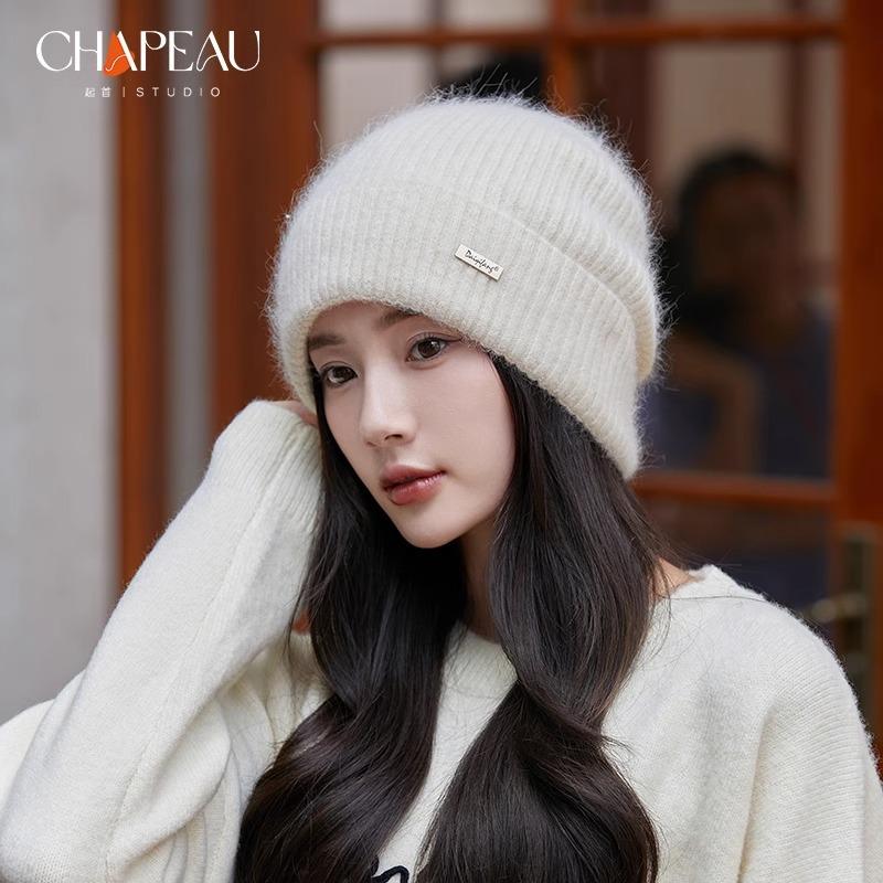 

New rabbit fur knitted hat women s big head circumference autumn and winter warm versatile wool hat showing face small cold hat thin 56-60cm