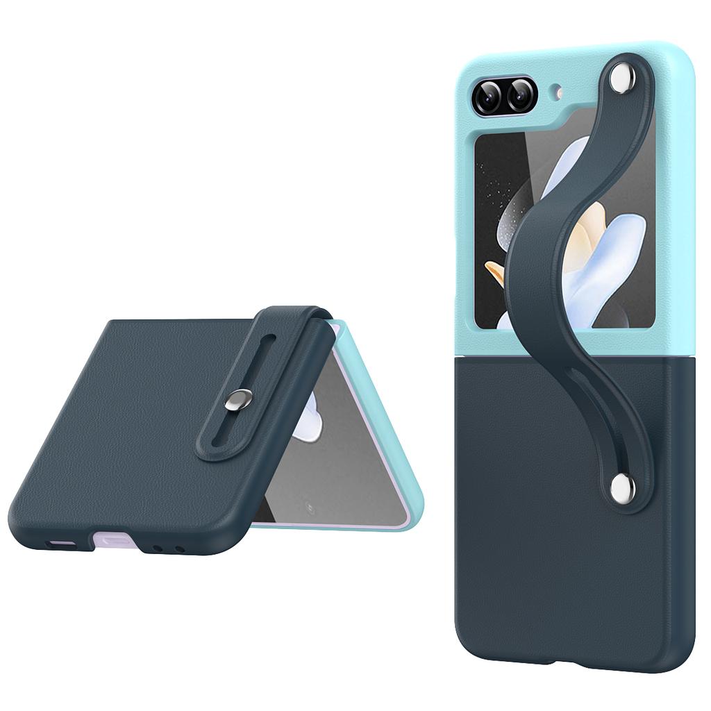 For Samsung Galaxy Z Flip6 5G/Z Flip5 5G PU+PC Case Dual Color Hand Strap Kickstand Phone Cover