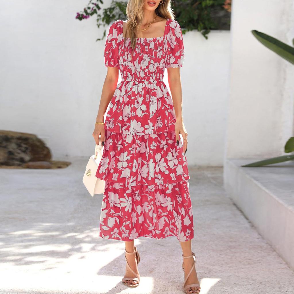 Women's Fashion Square Neck Short Sleeved Waist Cinched Floral Printed Cake Long Dress