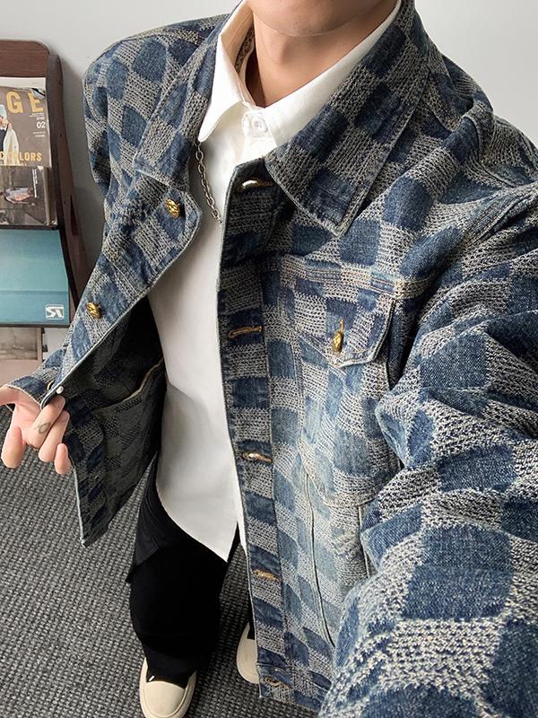 Checkered Light Luxury Unisex Denim Jacket for Spring & Autumn