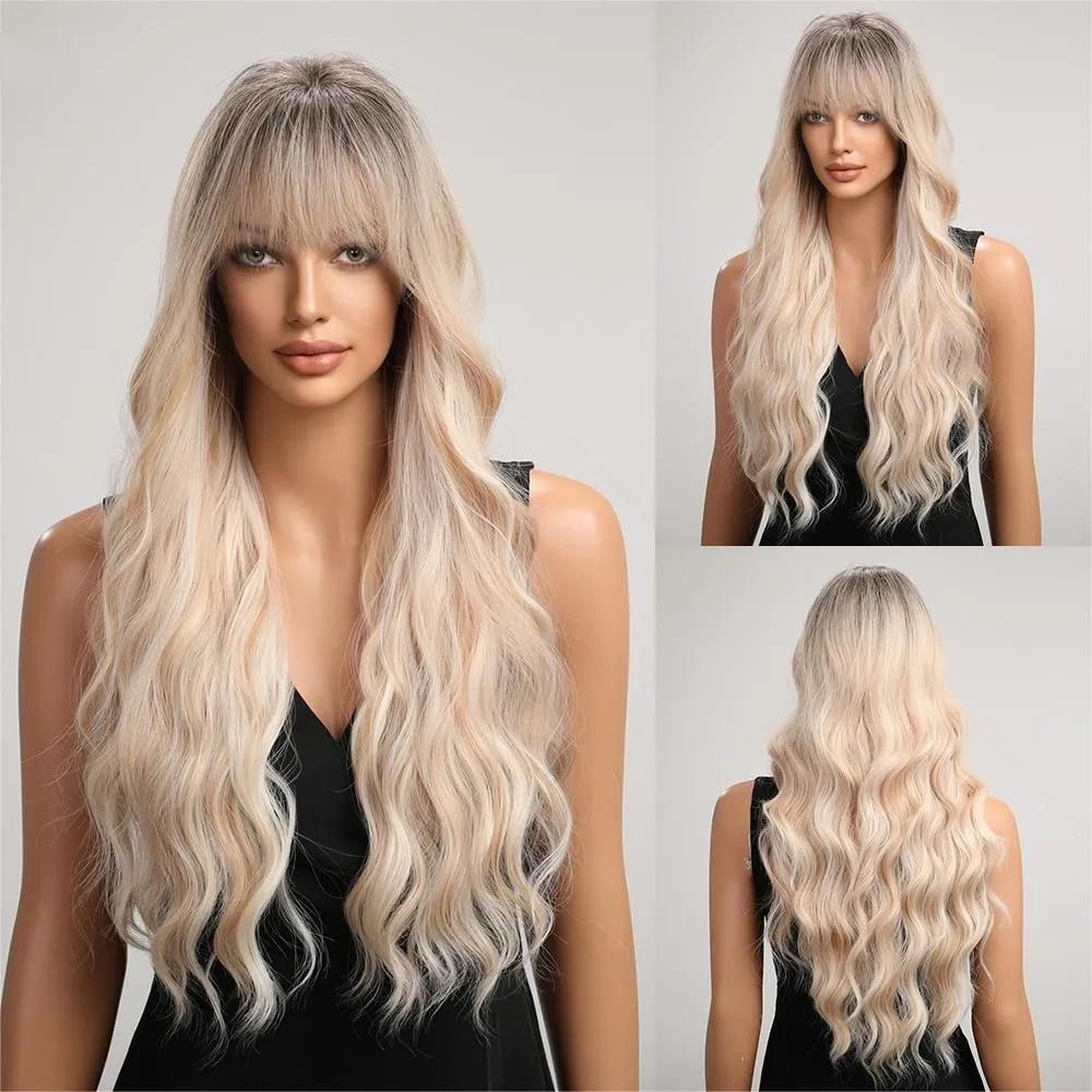 ALAN EATON Light Ash Blonde Wavy Synthetic Wigs Long Ombre Fake Hair Wave Wig with Bangs Heat Resistant Daily Wig for Women Use