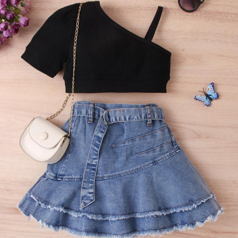 Mädchenanzug Sommer Kinder Einfarbiges Kurzarm-Top, Denim Plissee Kurzer Rock Anzug Gürtel