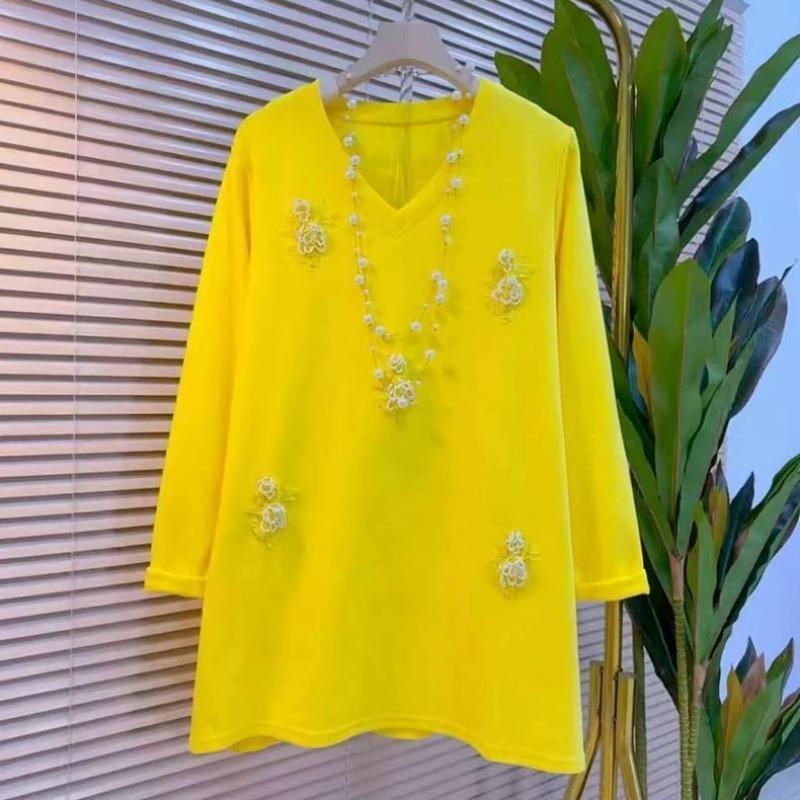 

Женский Свободный и Модный Топ с Трехмерным Цветком, V-образным Вырезом, Повседневный, Средней Длины, Универсальный, С Длинным Рукавом, Трендовый XXXL жёлтый