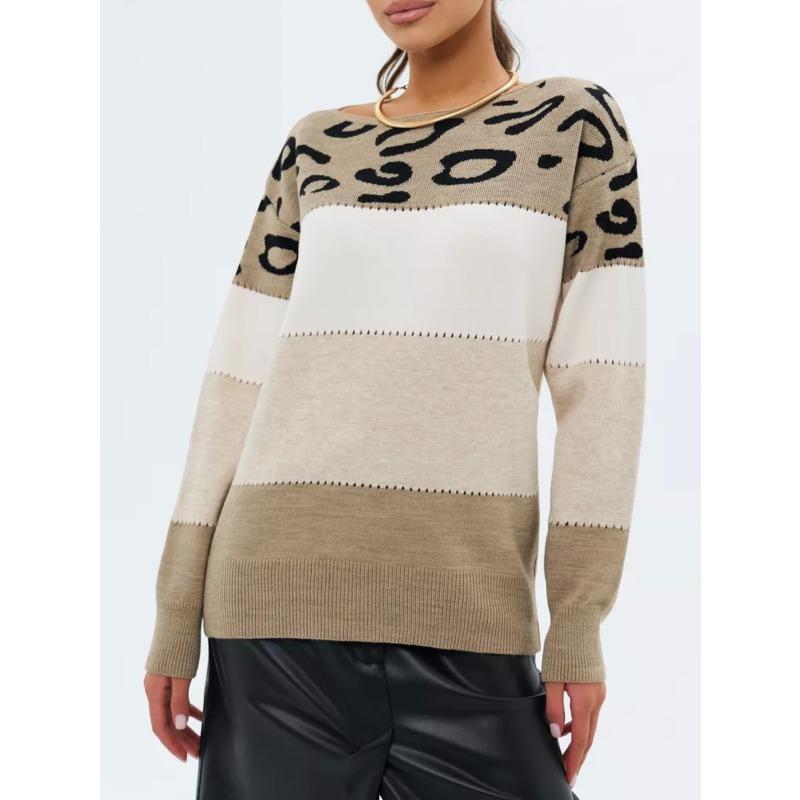 TIFICY Damenmode Lässige Herbst Winter Leopardenmuster Langarm Rundhalsausschnitt Pullover XL khaki