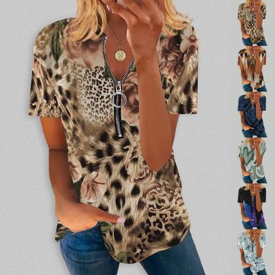 2023 Лето Женский короткий рукав Свободная молния Круглая шея Печать Плюс Размер Топы S-XXL