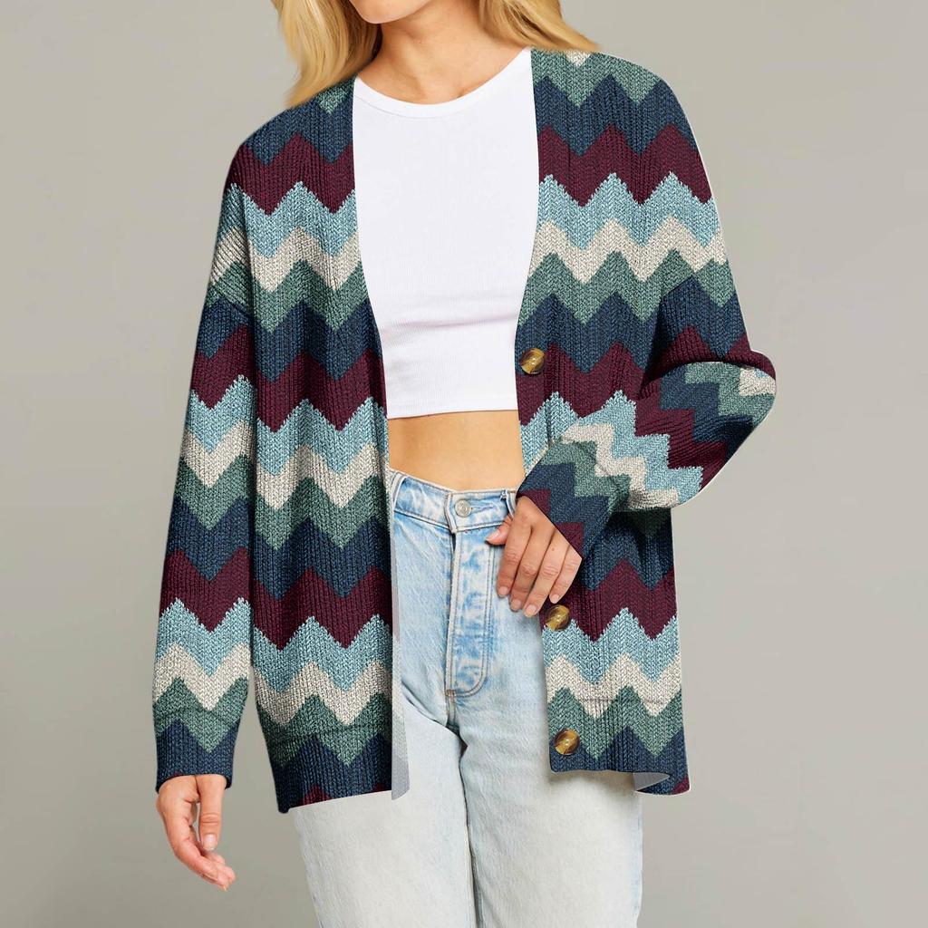 Women's Fashion Long Sleeve Christmas Print V-Neck Button Loose Cardigan Top