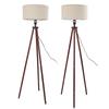 Wood Tripod Floor Lamp Mid Century Flax Lampshade Modern Design Foot Pedal Switch Standing Lamp for