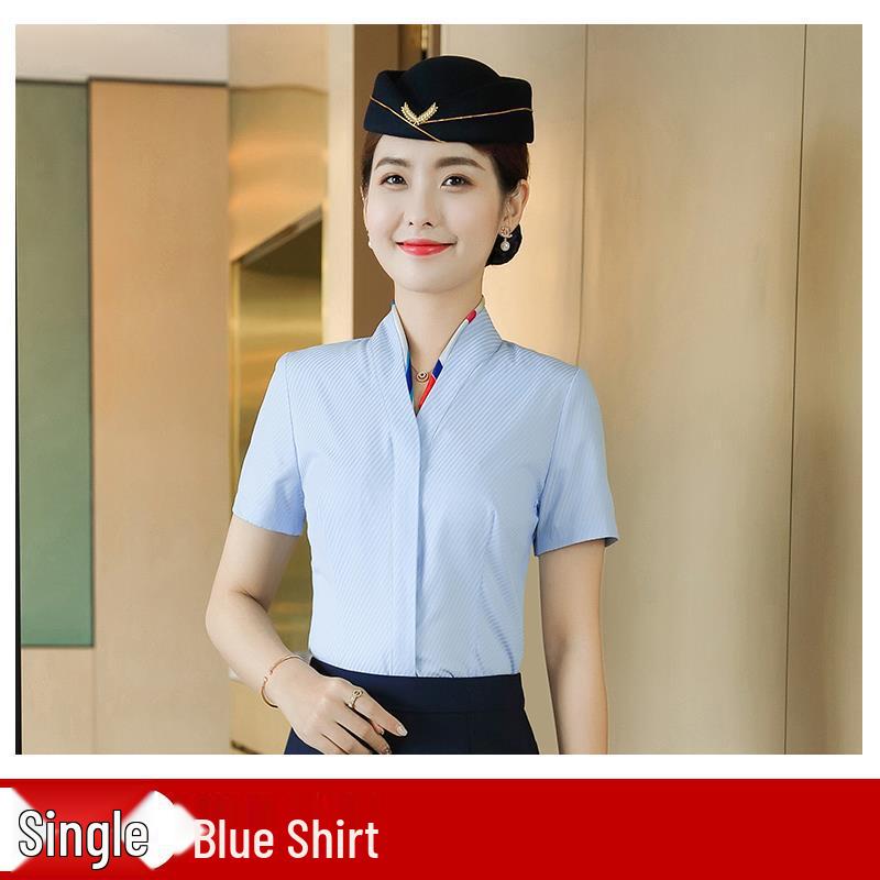 Women's White V-neck Professional Flight Attendant Shirt: Interview and Workwear Suit for Airline and Hotel Staff