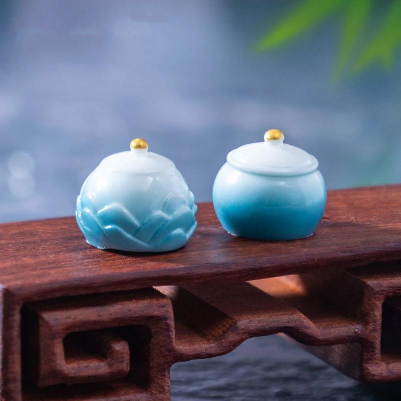 9Pcs Dollhouse Miniature Fairy Garden Decoration Tea Set Mountain Figurine Ink Landscape Style Diy Home Decor