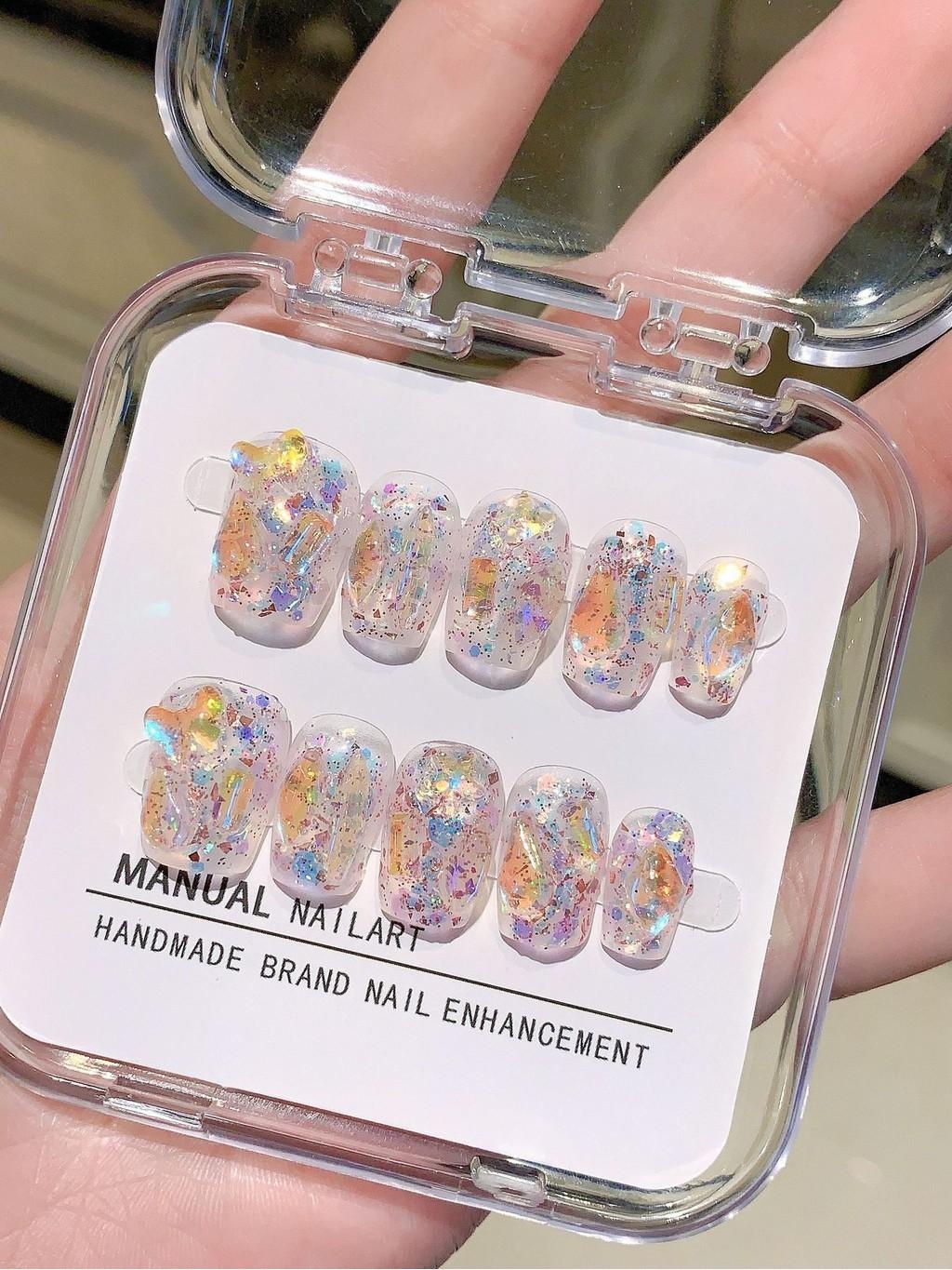 Unique Handcrafted Glitter Nail Sticker With Aurora Flashing Rhinestones Candy Paradise Ultra-short Gradient Xs S M L M