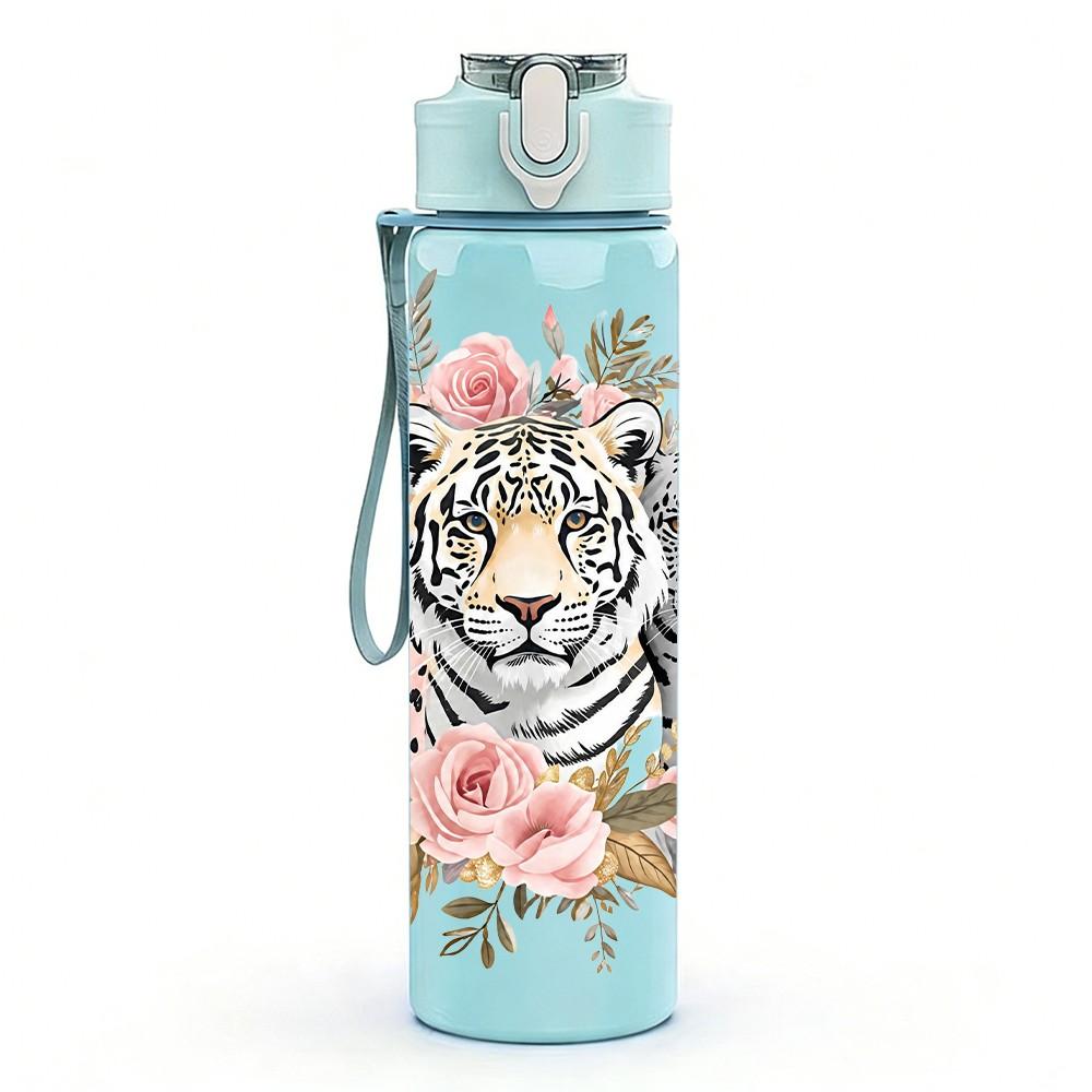 1PC Tiger Flower Wildlife 750ml Color Plastic Sports Water Bottle Leakproof Flip Straw Lid Suitable for Sports Office Home Use