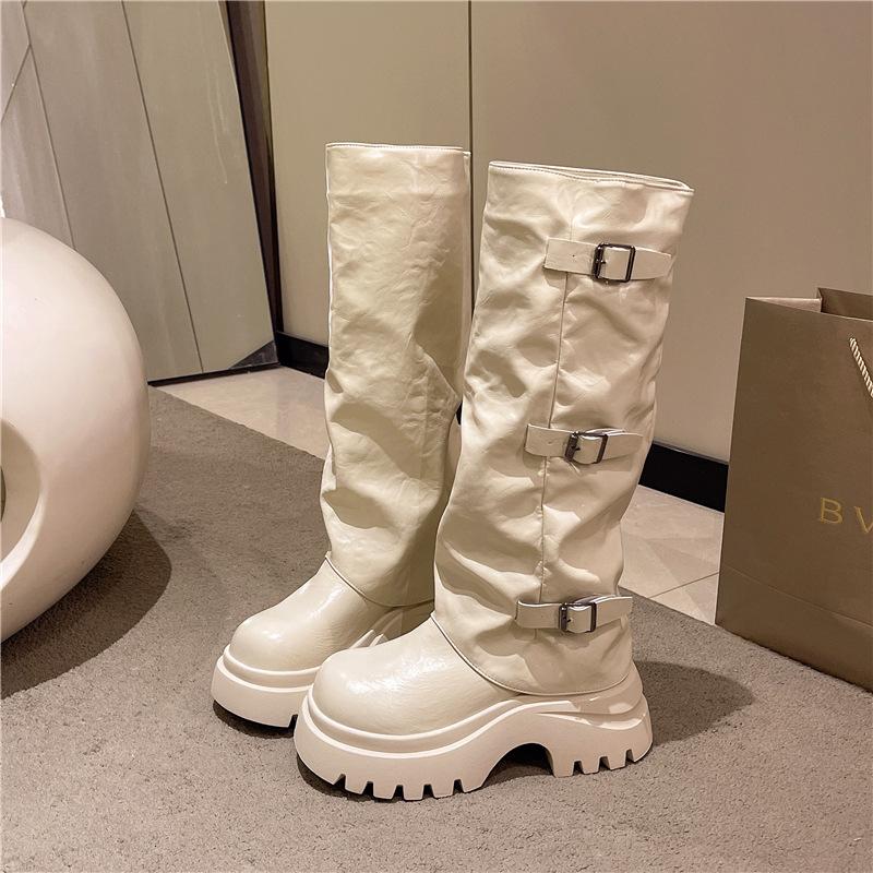 

Женские ботильоны на толстой подошве, черные, европейский и американский сладкий и крутой стиль, круглый носок, толстый каблук, пряжка-ремень, но до колена, ботфорты 40