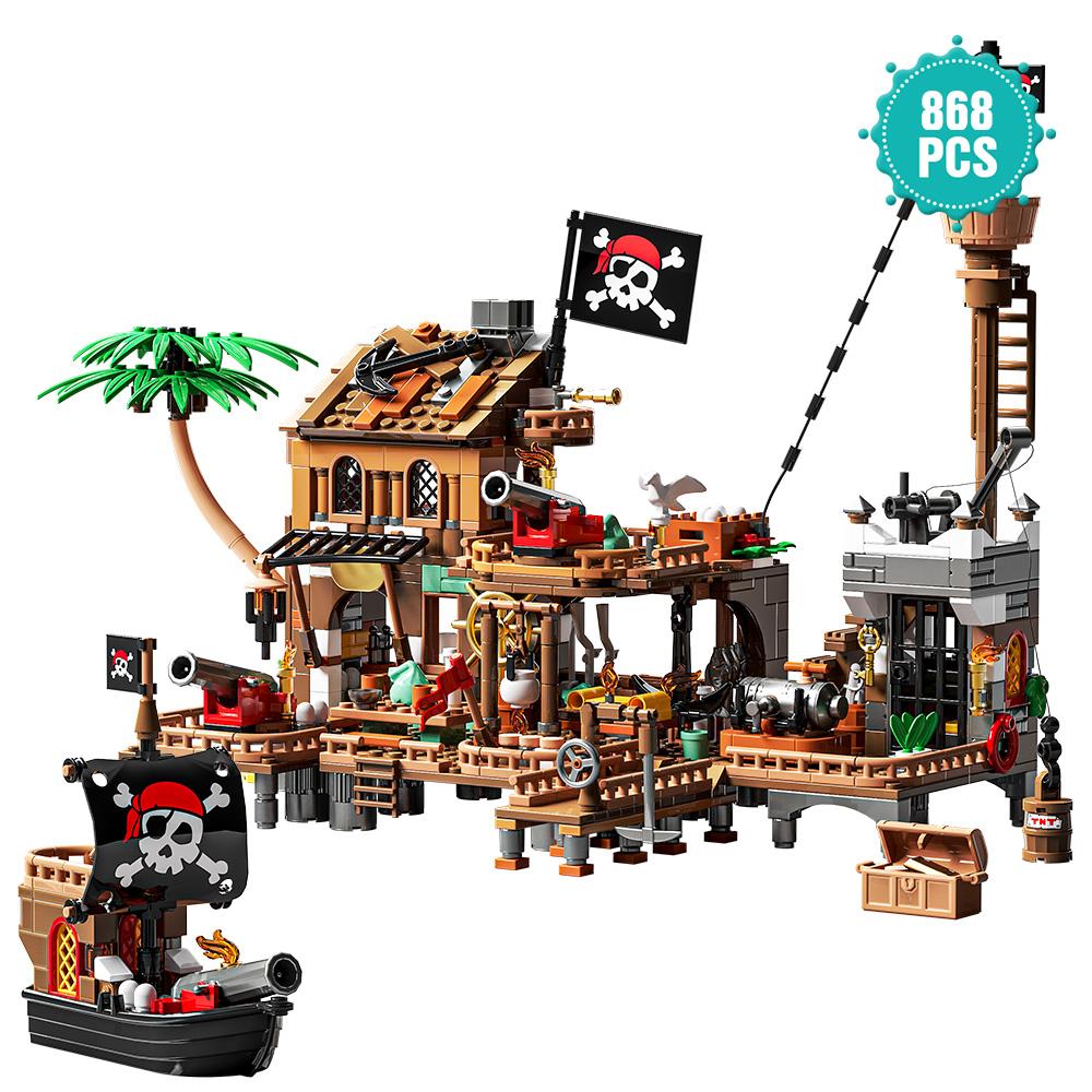 Linyi Toy Unisex High-Quality Pirate High-Quality Ship High-Quality Building High-Quality Toys, High-Quality Pirate High-Quality Wharf High-Quality Themed Urban Area