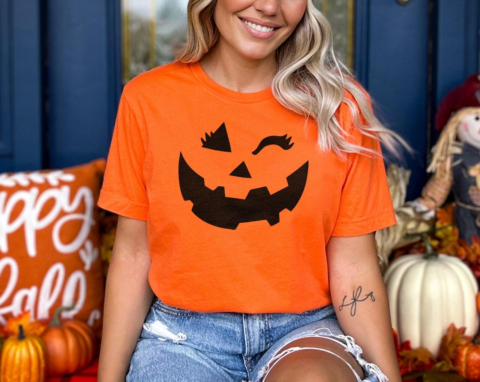 Womens Halloween Pumpkin T-Shirt – Winking Face, Orange Cotton S