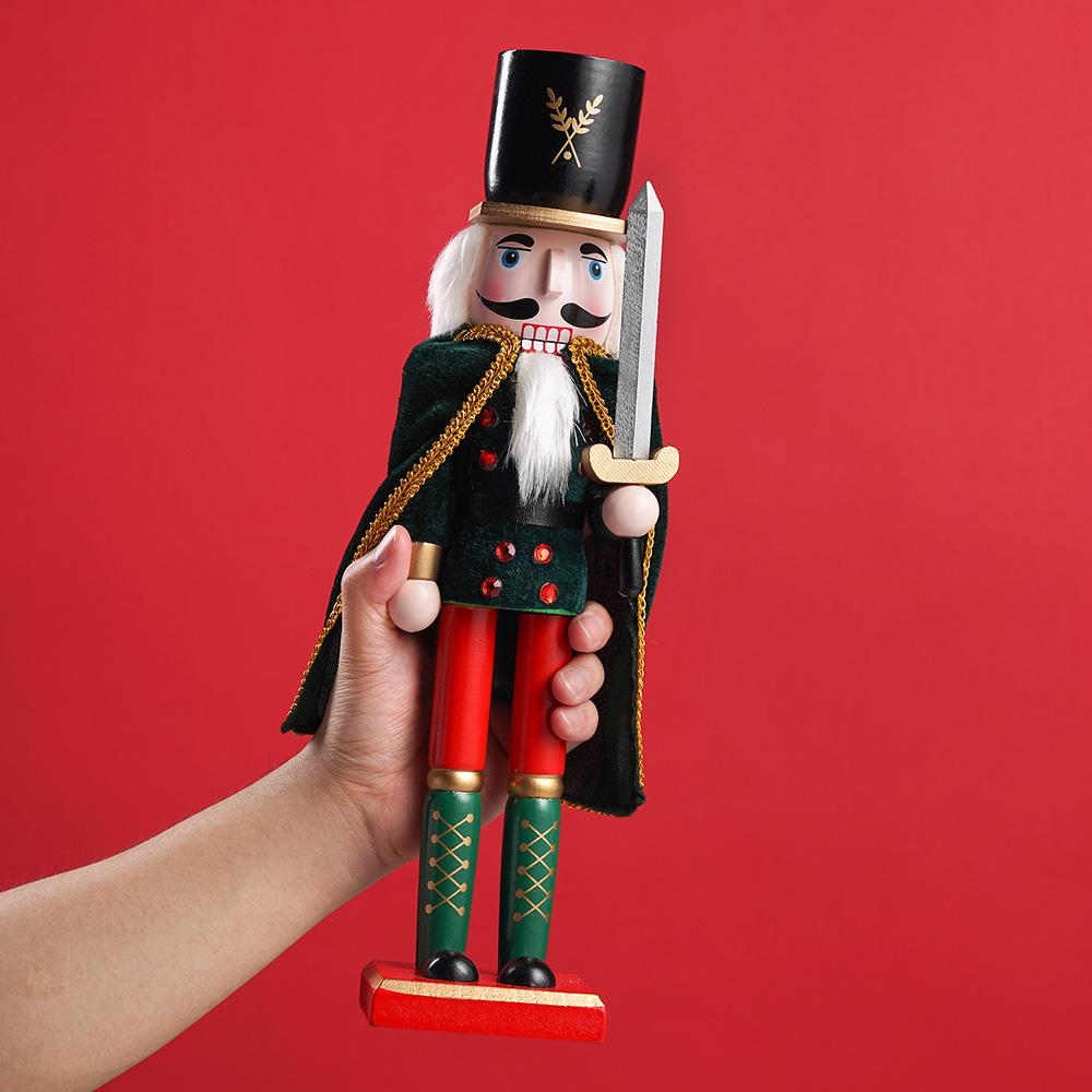 38CM King Nutcracker Soldier with Cloak Wooden Puppet Christmas Decor Holiday Gift Home Office Decoration Festive Statue