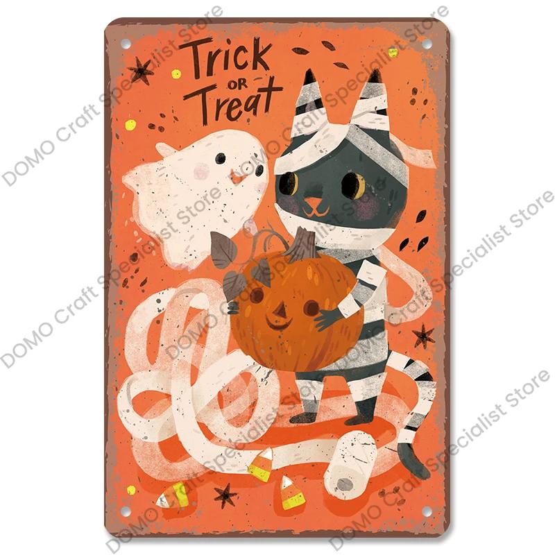 Happy Halloween Retro Poster Metal Plate Jack-O-Lantern Black Cat Witch Metal Tin Signs Vintage Halloween Party Living Room Home