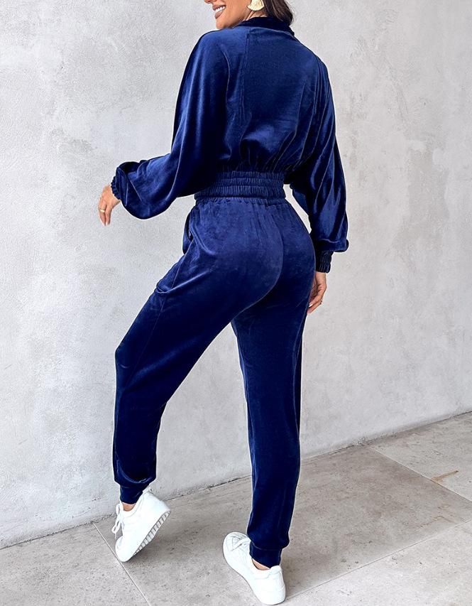 2024 Autumn/Winter Women's Fashion Casual Set: Golden Velvet Long Sleeve Top & Long Pants Two-Piece Set