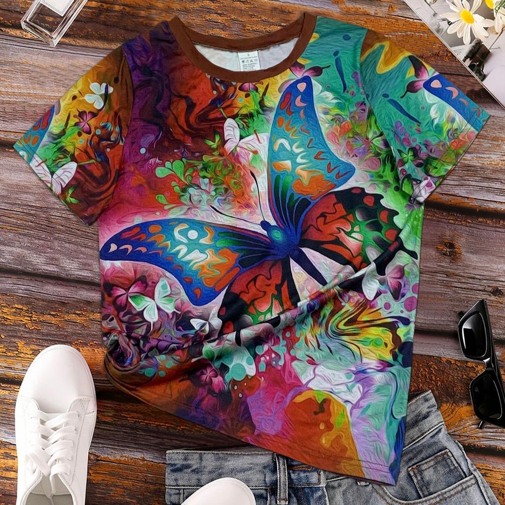 Summer Round Neck Butterfly Pattern 3D Print Top Fashionable Casual Short Sleeved Women's T-shirts