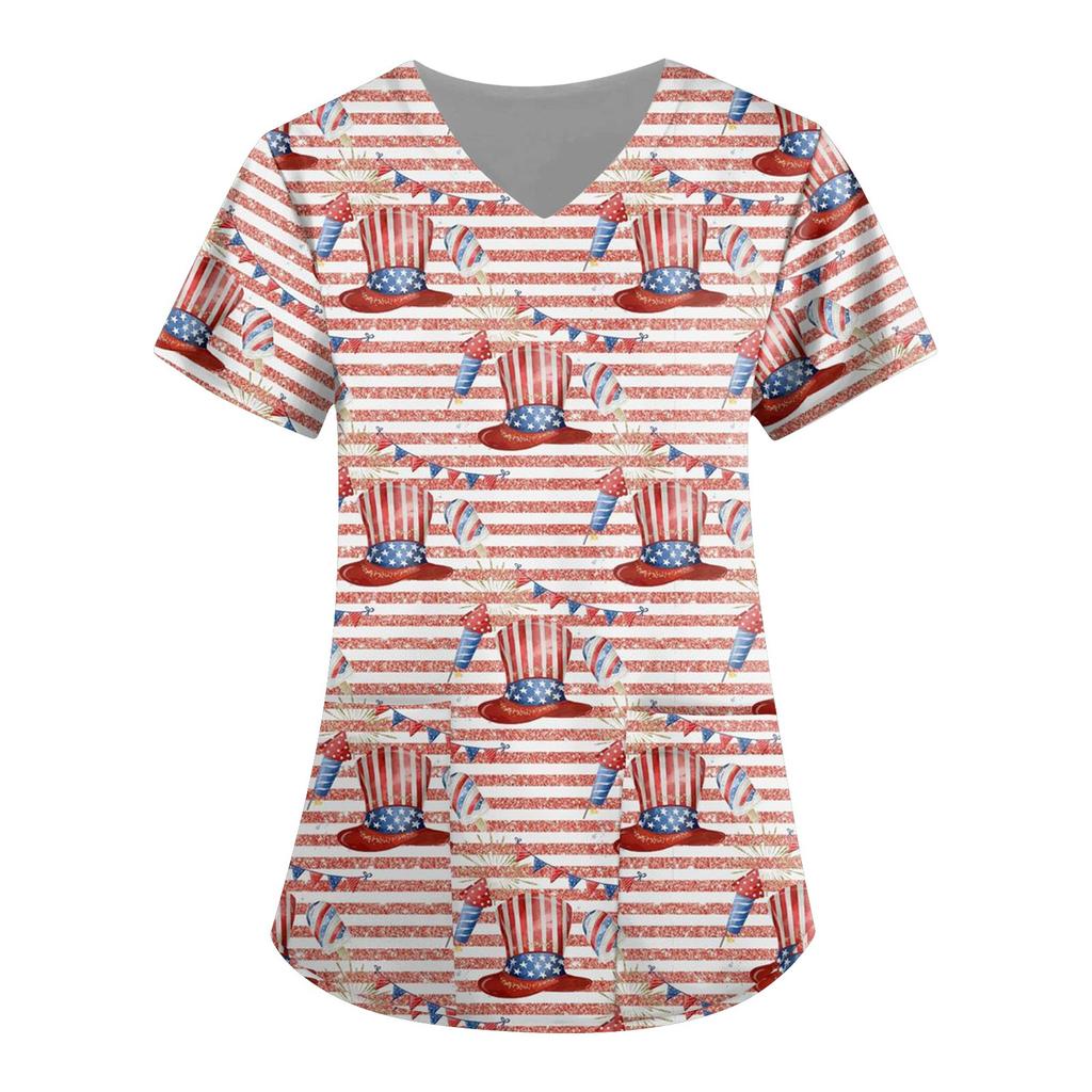 Women's Independence Day Print Short Sleeve V Neck Top Work Pocket Shirt