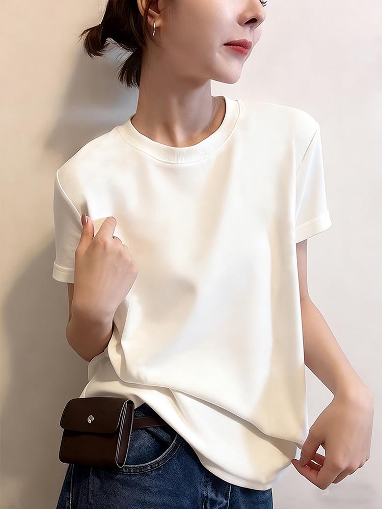 Graues Damen-T-Shirt aus reiner Baumwolle mit Rundhalsausschnitt und kurzen Ärmeln – Modisches, vielseitiges Basic für Frühling, Sommer und Herbst.