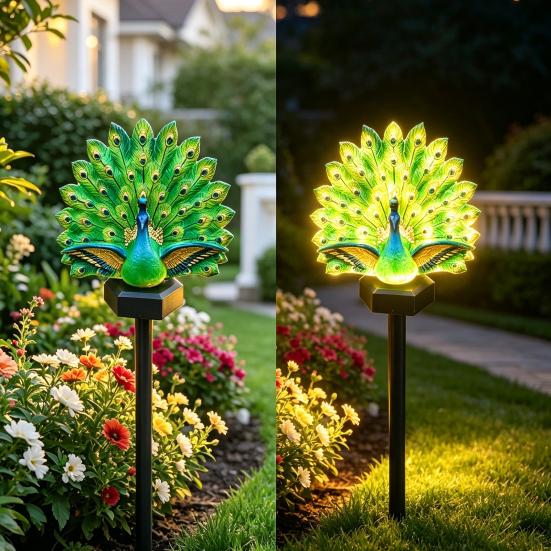 Illuminated Tropical Garden Sculptures Solar Peacock Light, Outdoor Sculpture with Auto-On LED Brightening Lawn Accents for Summer Lights,