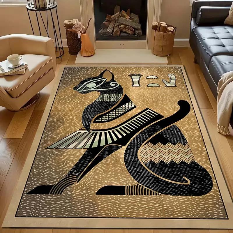 Ägyptische Mythologie Schwarze Katze Teppich für Wohnzimmer Heimdeko Rutschfeste Bodenmatte für Schlafzimmer Große Flächenteppiche Waschbare Teppiche