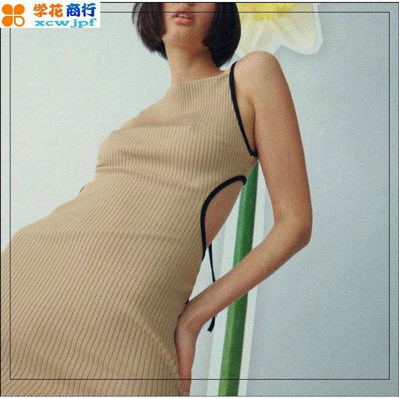 

Sling Dress Sleeveless Knitting Open Back Cut Out Contrast Color Shoelace 2023 Seaside Spring & Fall New Arrival Women s Elegant Khaki L