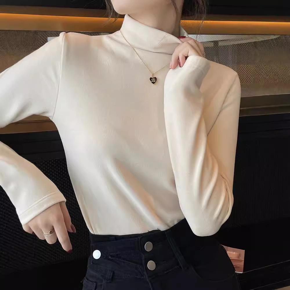 Women's Autumn/Winter 2024 Thick Velvet Half-High Collar Slim Fit Long-Sleeve Top