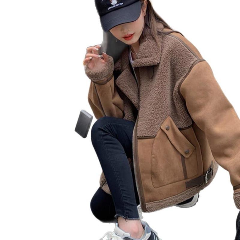 Suede and fur integrated coat women's winter new thickened short lamb splicing coat locomotive jacket cotton clothes