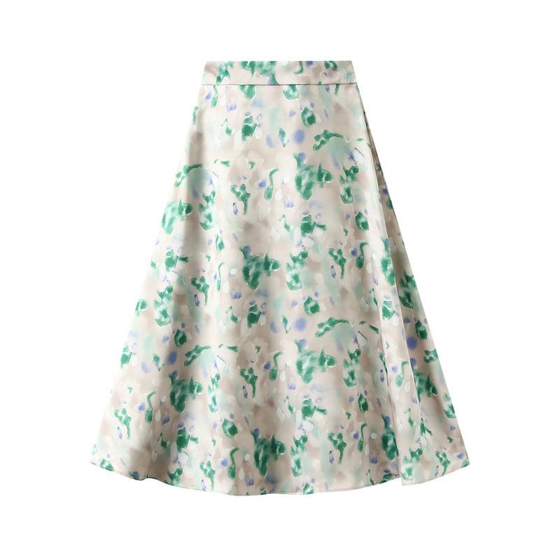 Qooth Saia Midi Feminina de Cetim Estampada Floral Elegante Cintura Elástica Acetato QT2144