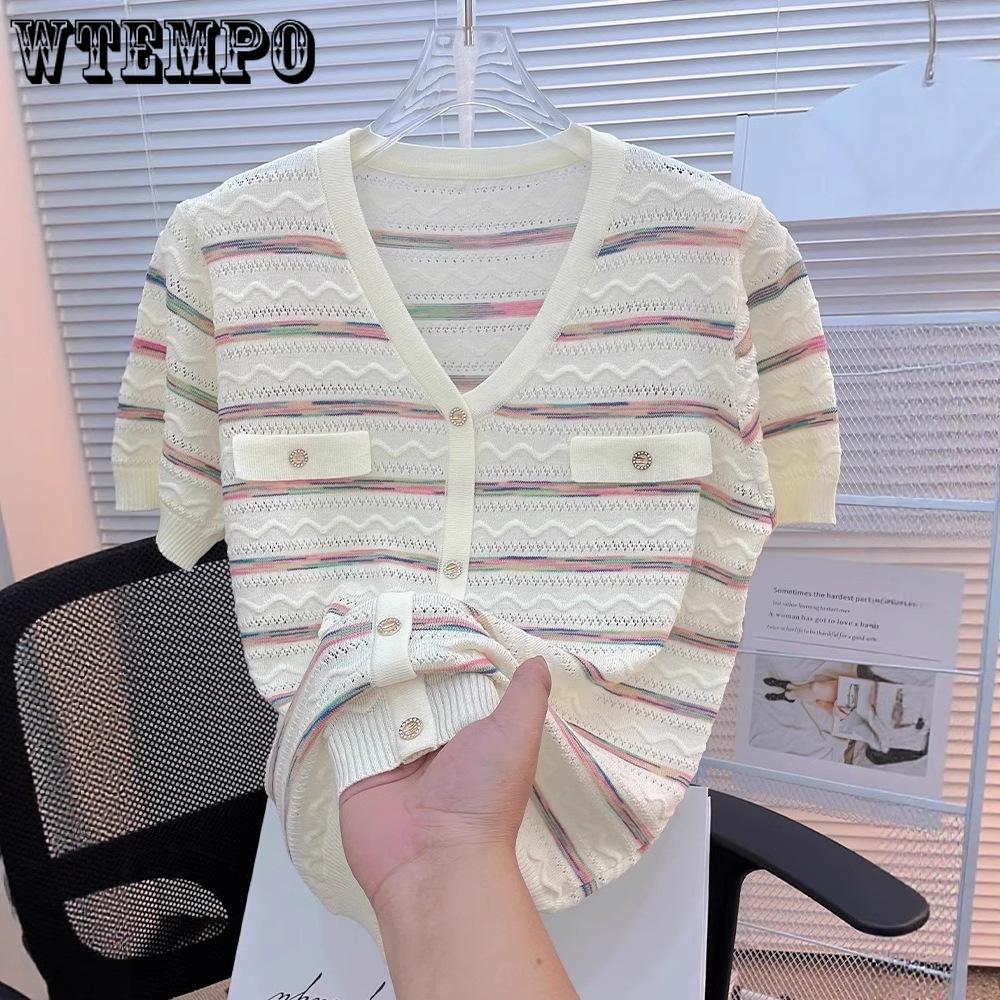Women's Knitted T-shirt Hollow Stripe Ice Silk Needle V-neck Women's Short Sleeve Thin T-shirt