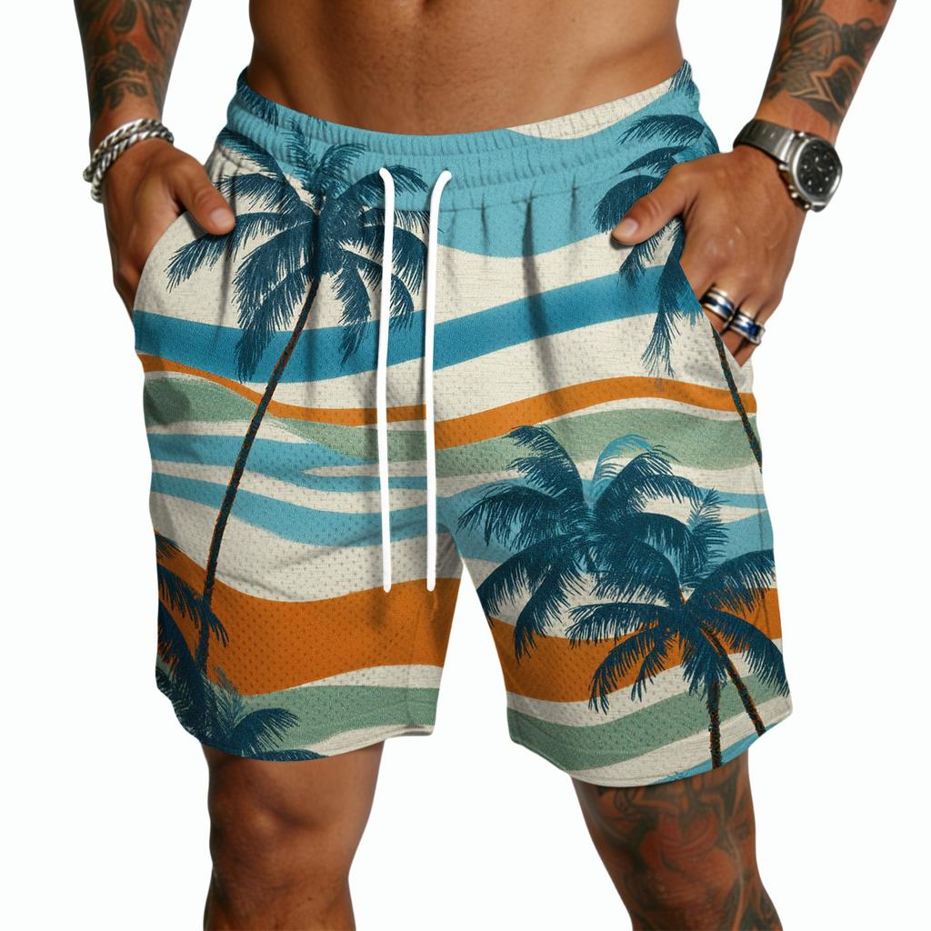 Men's Casual Hawaiian Print Drawstring Shorts Lightweight Quick Dry Mid-Length Beachwear Summer Five-Point Pants with Pockets