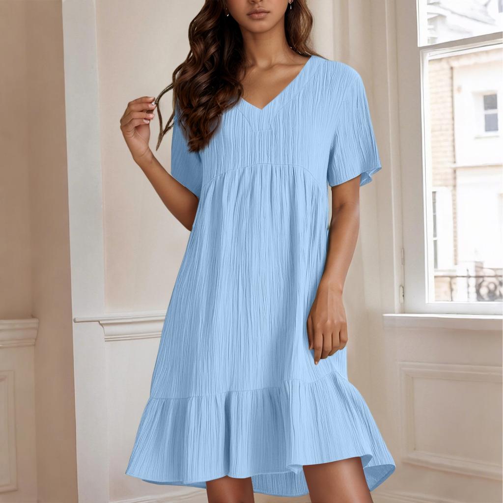 Ladies' Casual And Fashionable Solid Color Dress, Loose Short Sleeved Waist Cinched Dress