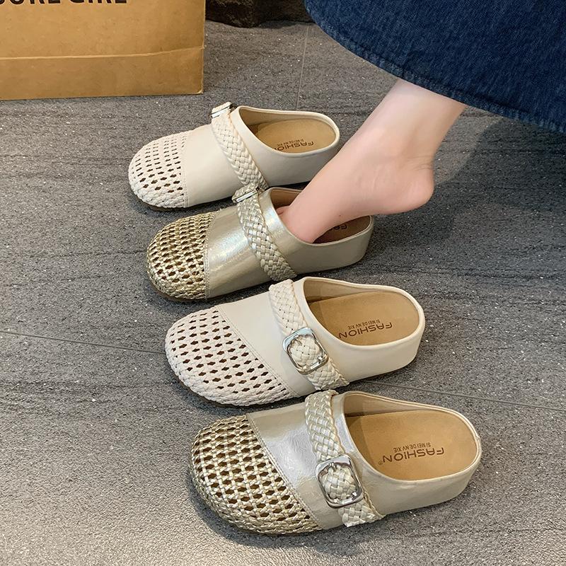 Inner height increase hollow woven bag head half slippers women's summer outer wear 2025 new one-pedal lazy Muller cool slippers