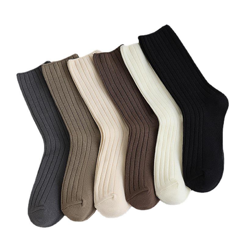 Women's Japanese Style Mid-Calf Double-Needle Combed Cotton Socks - Autumn/Winter Breathable Versatile Solid Color