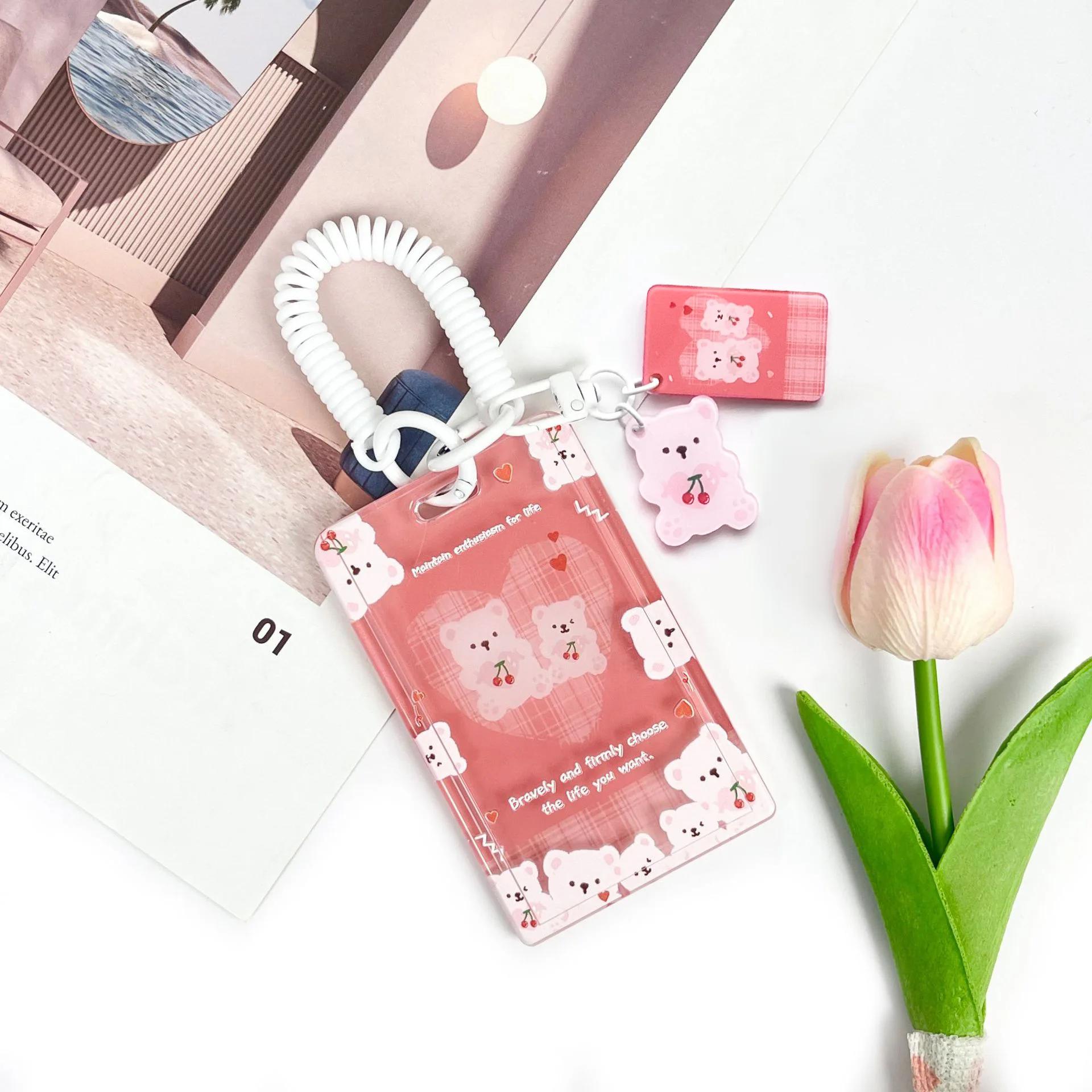 

Sweet Chic Kpop Photocard Protector Kawaii Cartoon Bear Cherry ID Bus Card Holder Portable Lanyard Family Photo Card Holder Case