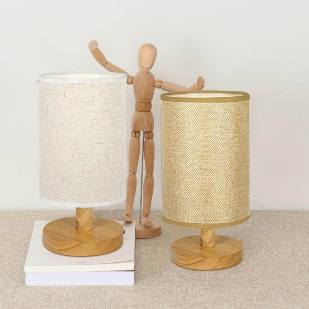 

Linen Fabric LED Table Lamps Cylinder Shade Solid Wood Desk Lamp Bedroom Night Light Bedroom Decor B