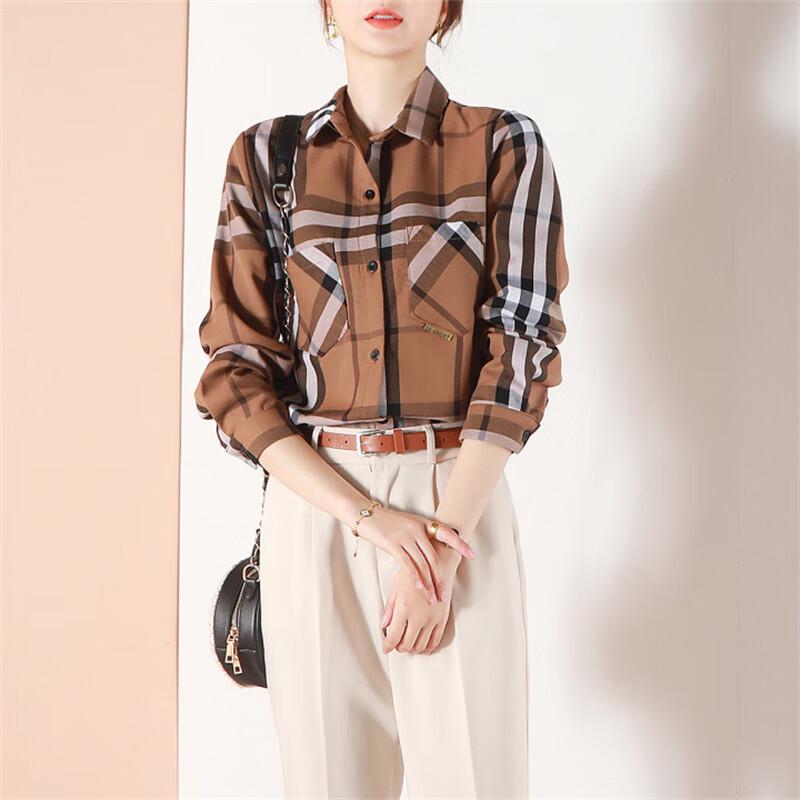 VICTORIA&VERA Women s Elegant Plaid Fleece-Lined Long-Sleeve Shirt M