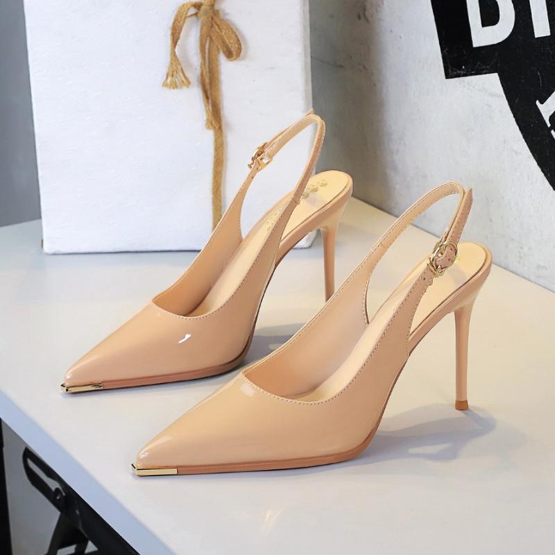 Sexy Sandals Women Pointed Toe High Heels Patent Leather Slim Heel Back Strap Simple Stiletto Shoes
