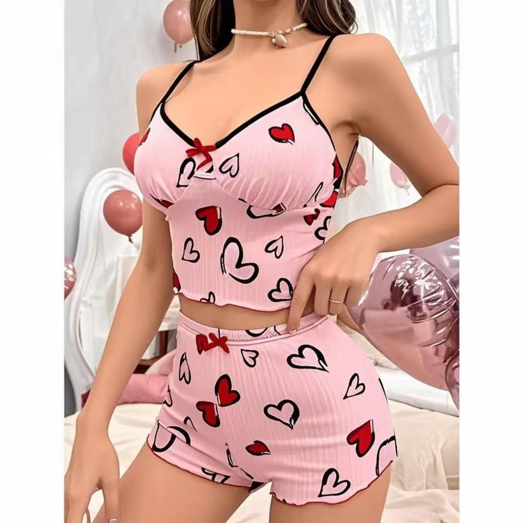 Women's Heart Print Color Block Camisole Pajama Set - Summer Two-Piece Home Wear.