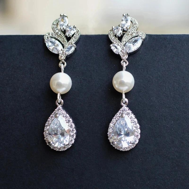 Simple Stylish Simulated Pearl Earrings with Cubic Zirconia Fashionable Women Silver Color Luxury Trendy Jewelry