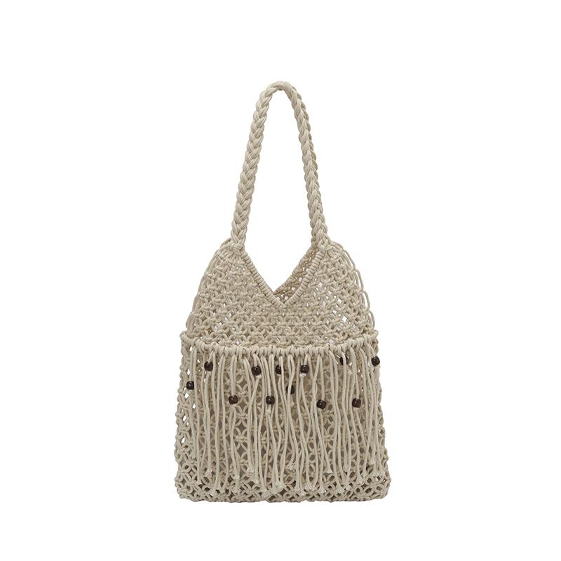 

Summer Solid Color Fabric Youth Elegant Tote Bag for Women Tassel Beads Large Capacity Beach Bags Hollow Out Woven Shoulder Bags бежевый