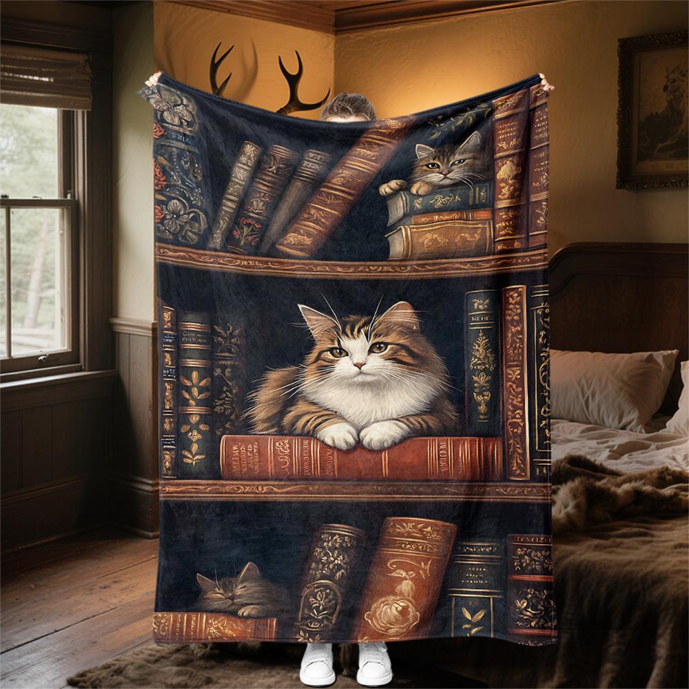 1PC Bookshelf, catsOutdoor Flannel Blanket - Soft Plush Decor for Picnics, Camping, Bedroom, Playroom, Office, or Lunch Break 1291A