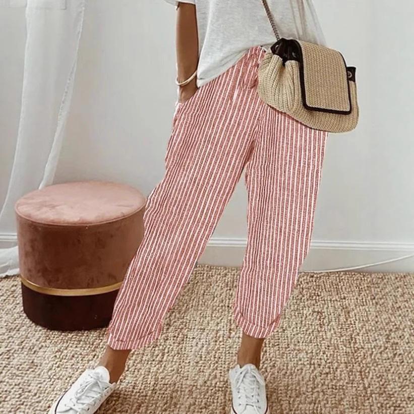 

Women s Striped Print Pocket Casual Loose Trousers – Versatile European and American Fashion Medium красный
